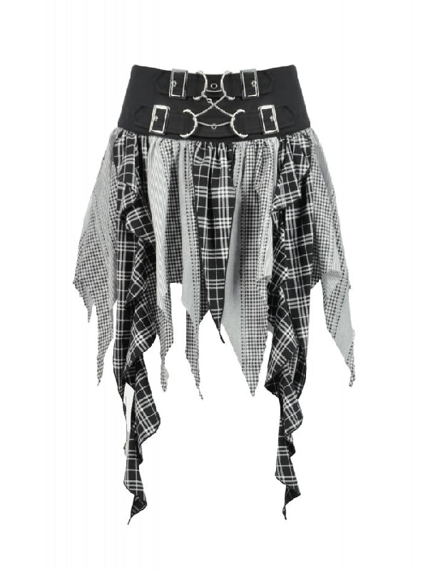 DARK IN LOVE  KW411 BLACK WHITE PLAID PATCHWORK SKIRT