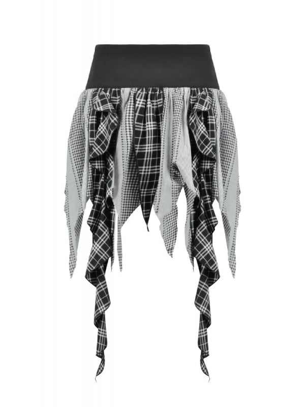 DARK IN LOVE  KW411 BLACK WHITE PLAID PATCHWORK SKIRT