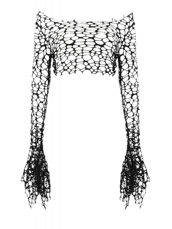 DARK IN LOVE TW635 DISTRESSED FISHNET BELL SLEEVE CROP TOP