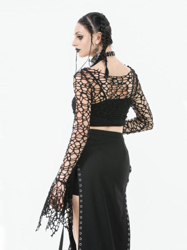 DARK IN LOVE TW635 DISTRESSED FISHNET BELL SLEEVE CROP TOP