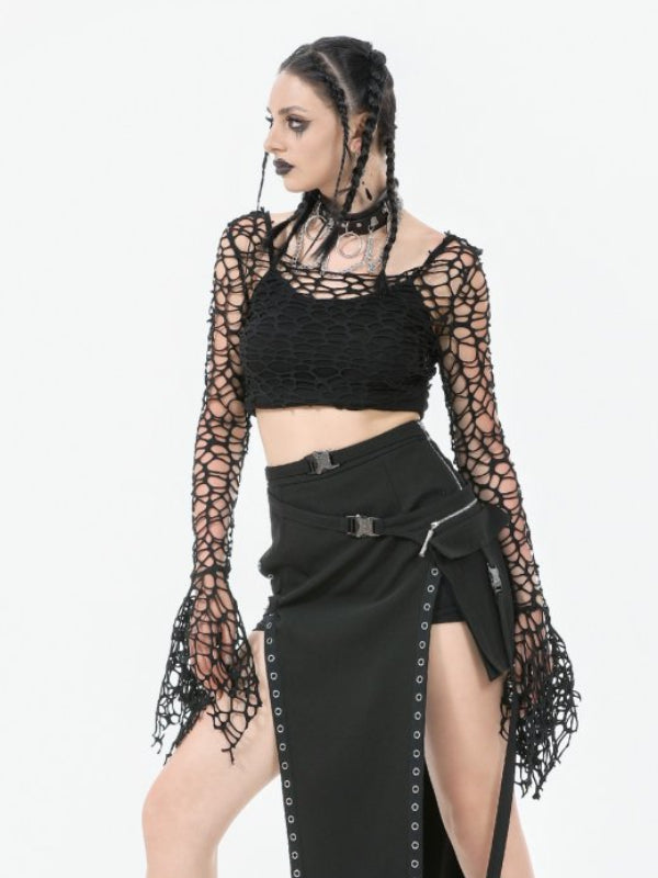 DARK IN LOVE TW635 DISTRESSED FISHNET BELL SLEEVE CROP TOP