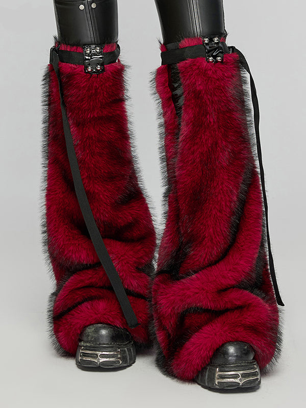 PUNK RAVE FAUX FUR LEG WARMERS RED BLACK WS-672JTF