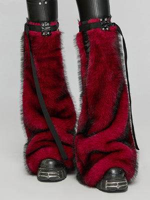 PUNK RAVE FAUX FUR LEG WARMERS RED BLACK WS-672JTF