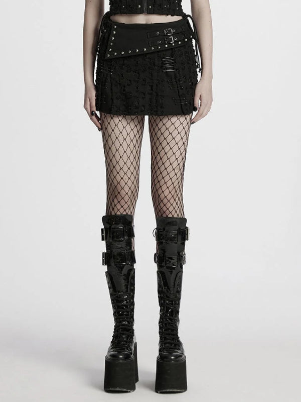 PUNK RAVE RIPPED BLACK DENIM SKIRT WQ-849DQF