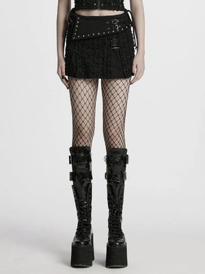 PUNK RAVE RIPPED BLACK DENIM SKIRT WQ-849DQF
