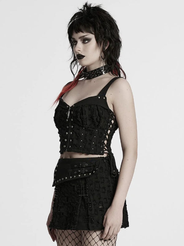 PUNK RAVE RIPPED BLACK DENIM CORSET TOP WT-987DQF