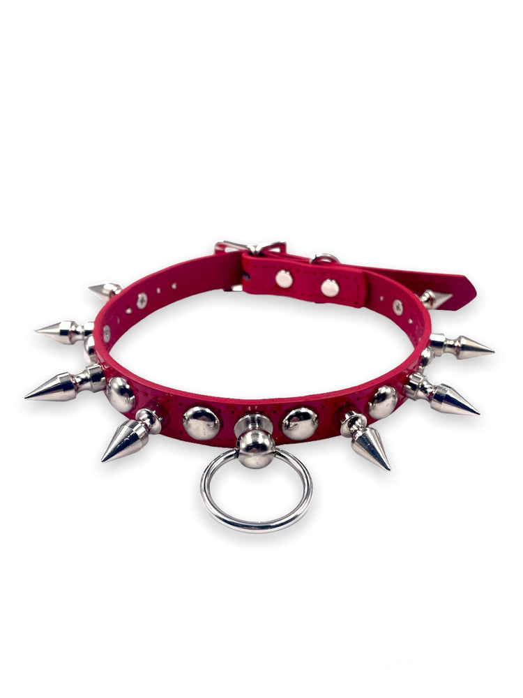 FUNK PLUS CHOKER WITH ROUND STUDS SPIKES AND RING RED FCK446