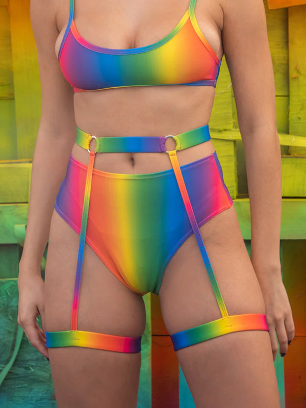 
            
                Load image into Gallery viewer, J VALENTINE RAINBOW TRICOT HIGH WAISTED SHORTS FE213
            
        
