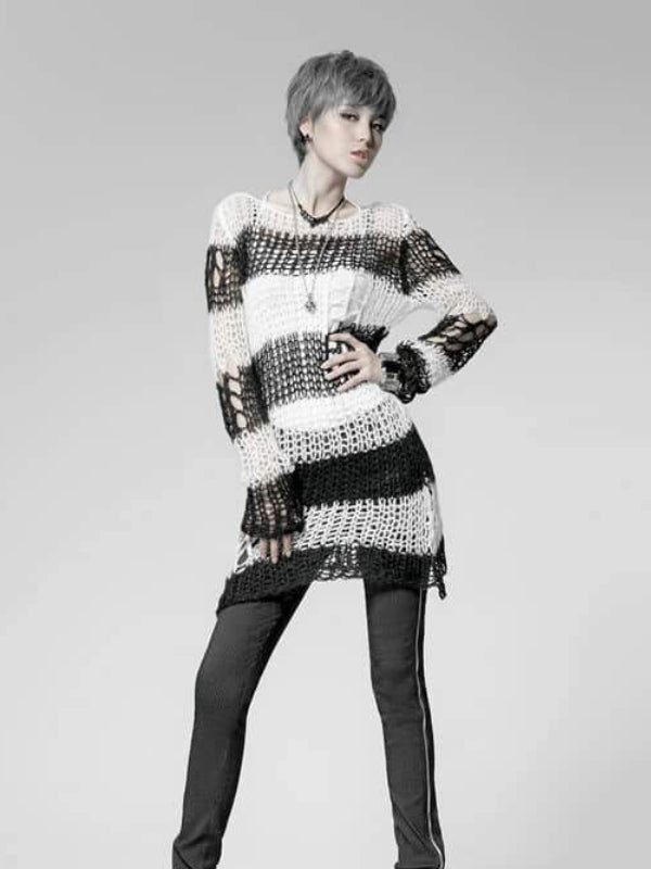 
            
                Load image into Gallery viewer, PUNK RAVE SHREDDED KNIT SWEATER BLACK WHITE PM-004
            
        