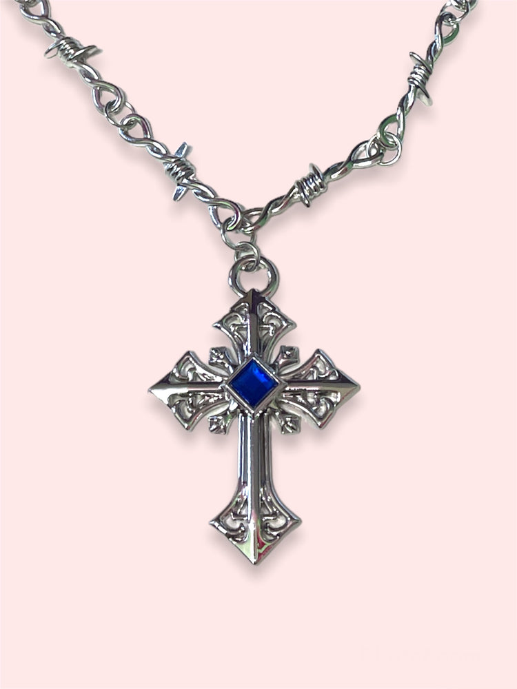 BARBWIRE CROSS BLUE STONE NECKLACE