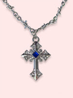 BARBWIRE CROSS BLUE STONE NECKLACE