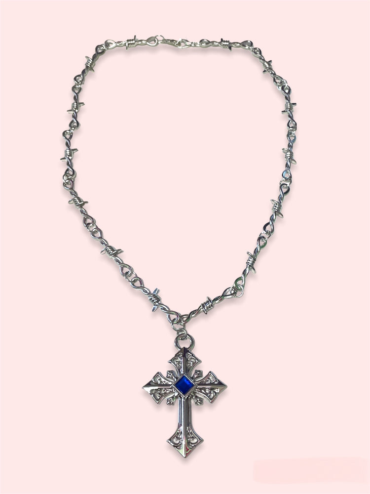 BARBWIRE CROSS BLUE STONE NECKLACE