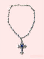 BARBWIRE CROSS BLUE STONE NECKLACE