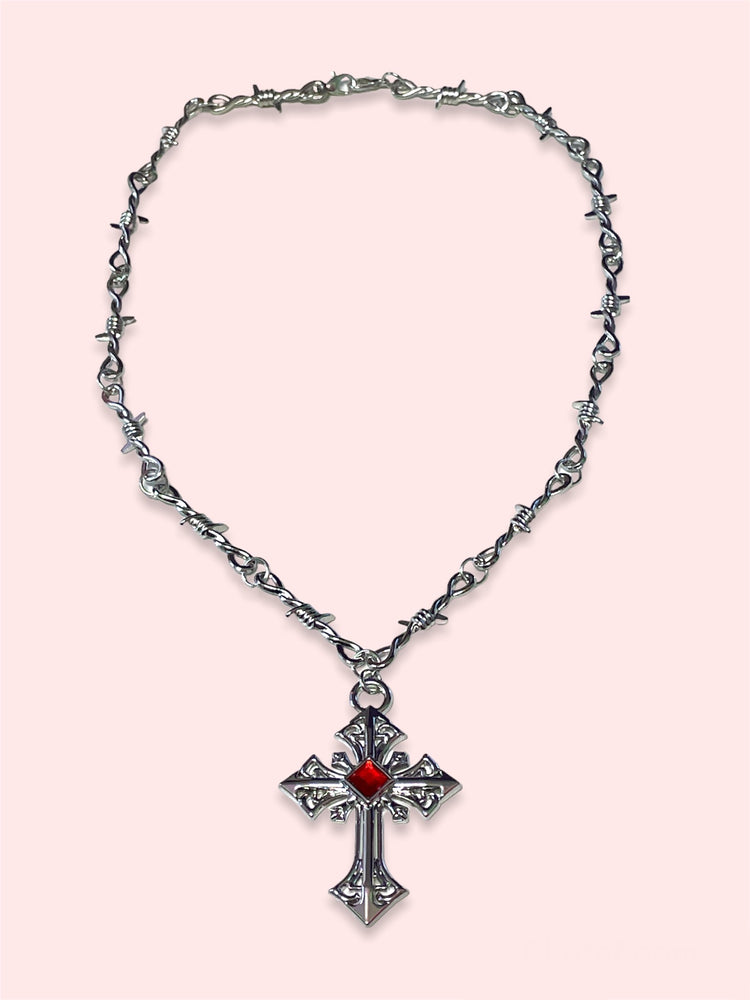 BARBWIRE CROSS RED STONE NECKLACE