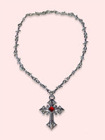 BARBWIRE CROSS RED STONE NECKLACE