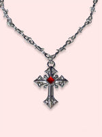 BARBWIRE CROSS RED STONE NECKLACE