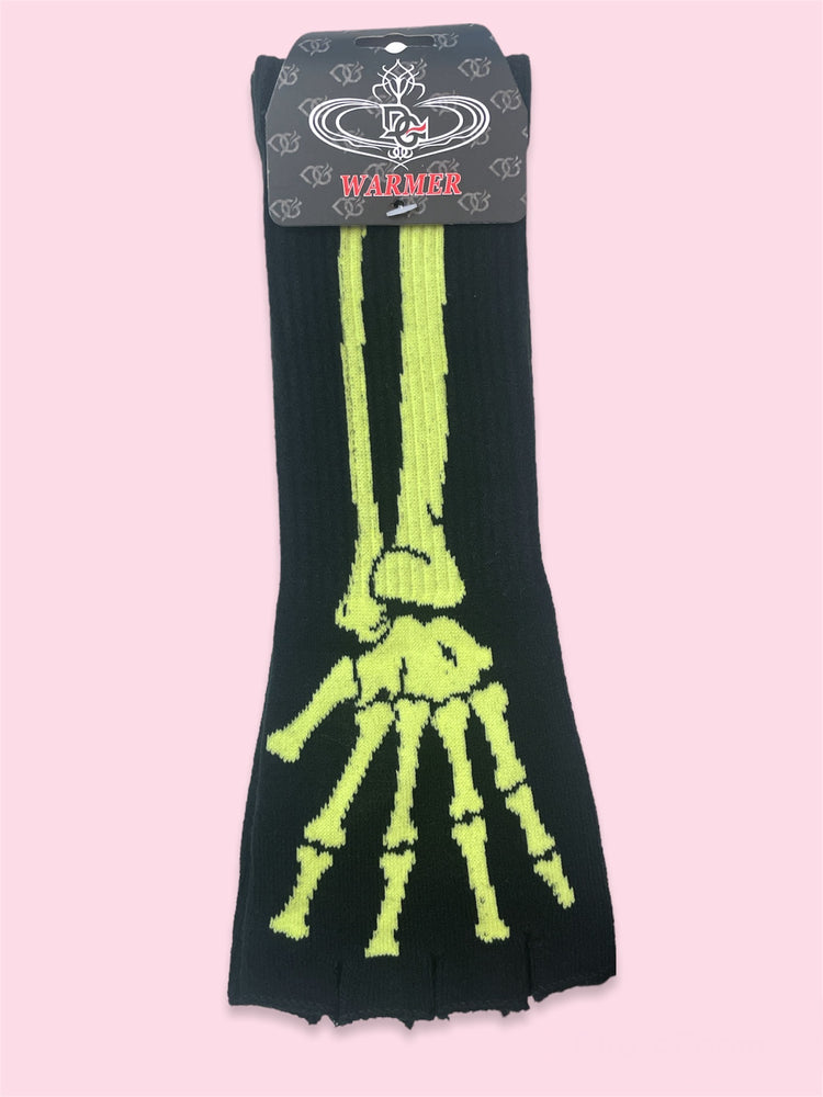 YELLOW / LIME GREEN SKELLETON FINGERLESS GLOVES