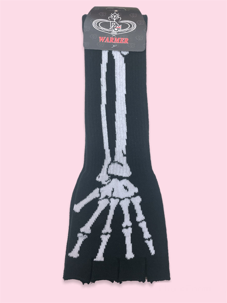 WHITE SKULL FINGERLESS GLOVES