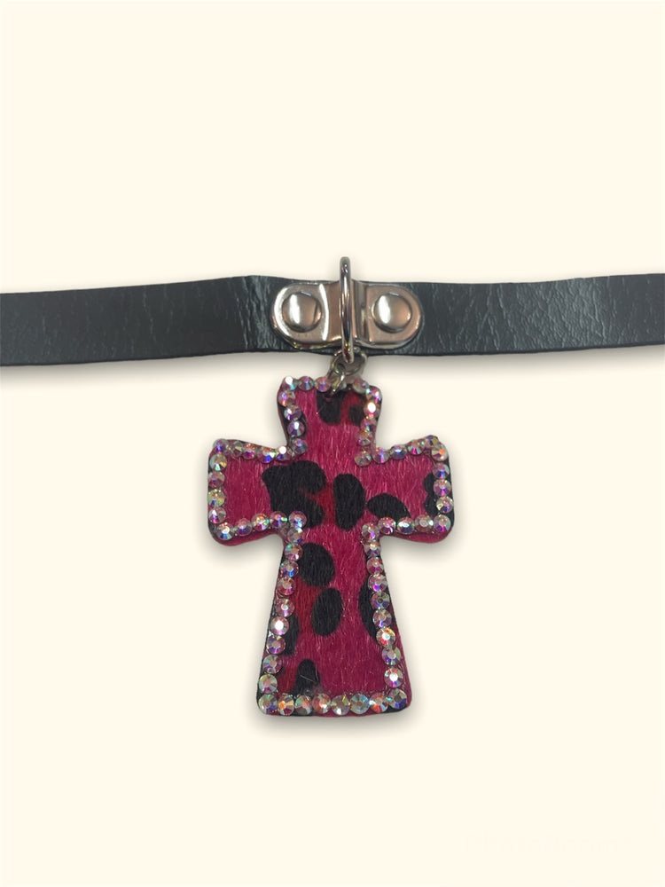 FAUX LEATHER CHOKER PINK LEO CROSS BUTTON CLOSURE