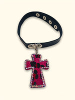 FAUX LEATHER CHOKER PINK LEO CROSS BUTTON CLOSURE