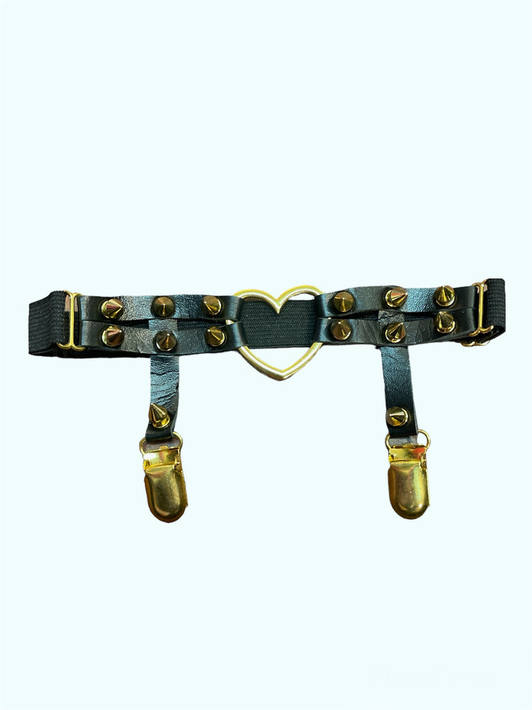 
            
                Load image into Gallery viewer, EXIT DOUBLE HEART STUD BLACK LEG GARTER GOLD
            
        