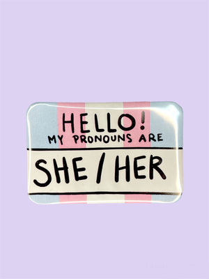
            
                Load image into Gallery viewer, SOFFTPUNK TRANSGENDER PRONOUN PIN SHE/HER
            
        