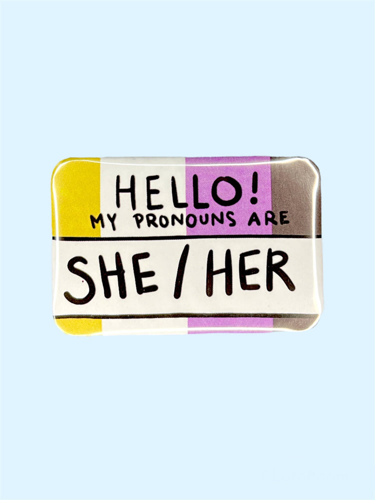 
            
                Load image into Gallery viewer, SOFFTPUNK NONBINARY PRONOUN PIN SHE/HER
            
        