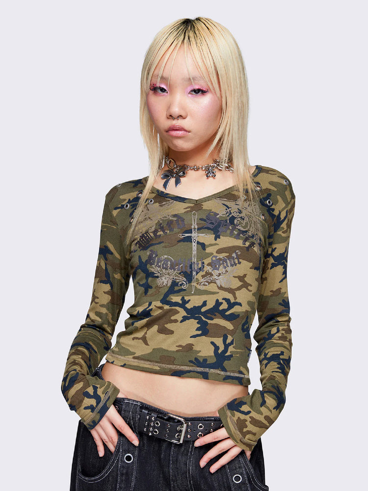 MINGA LONDON WEIRDLY BEAUTIFUL CAMO LONG SLEEVE TOP