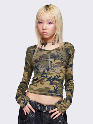 MINGA LONDON WEIRDLY BEAUTIFUL CAMO LONG SLEEVE TOP