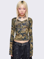 MINGA LONDON WEIRDLY BEAUTIFUL CAMO LONG SLEEVE TOP