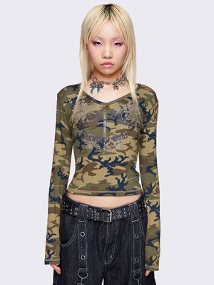 MINGA LONDON WEIRDLY BEAUTIFUL CAMO LONG SLEEVE TOP