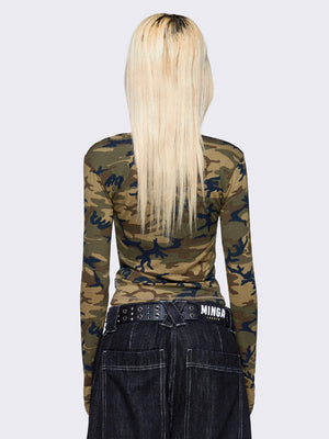 MINGA LONDON WEIRDLY BEAUTIFUL CAMO LONG SLEEVE TOP