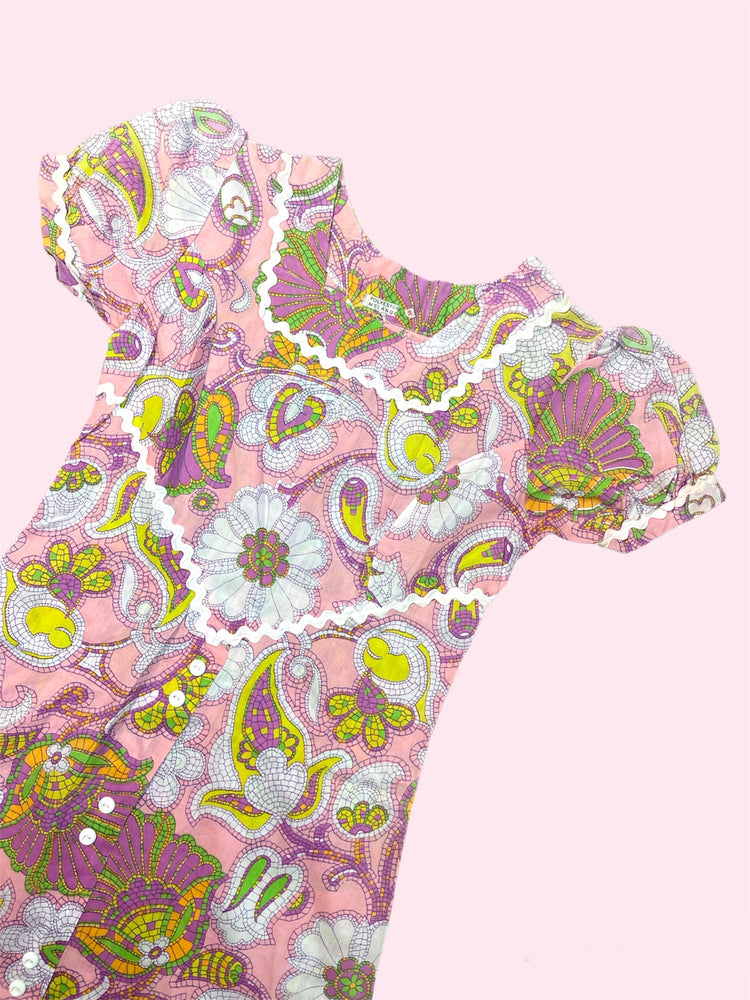 DEADSTOCK 70S DRESS LIME PINK PATTERN