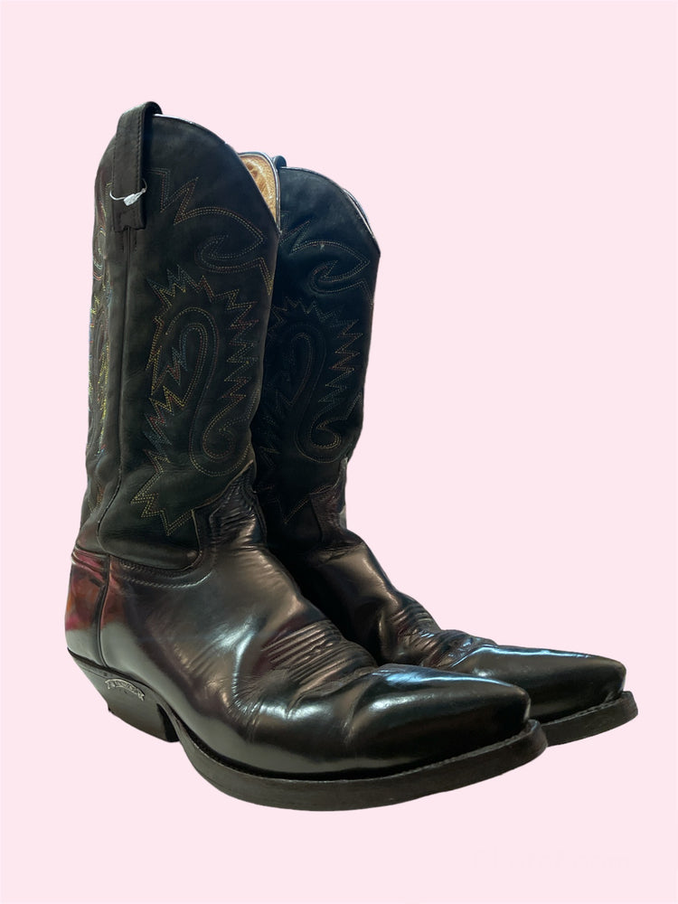 SECOND HAND BLACK COWBOY BOOTS RAINBOW STITCHING