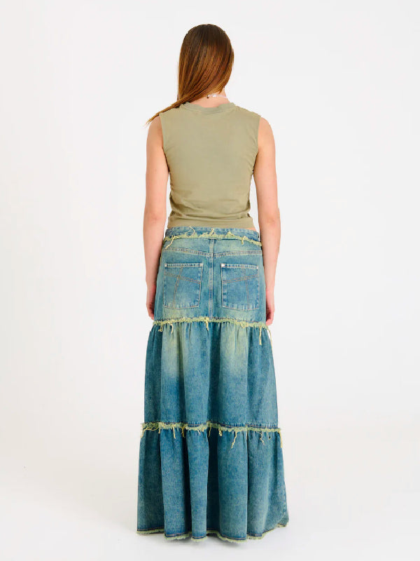 THE RAGGED PRIEST DIRTY WASH TIERED MAXI SKIRT