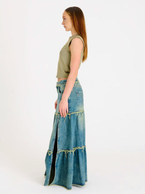 THE RAGGED PRIEST DIRTY WASH TIERED MAXI SKIRT