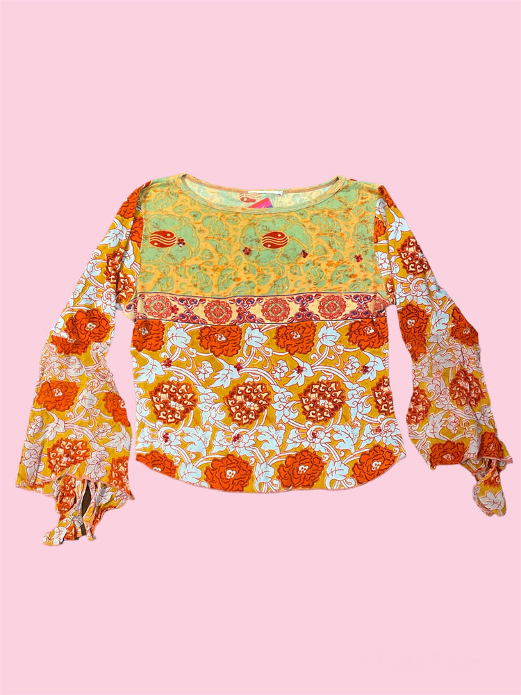 SECOND HAND ORANGE PATTERN TOP WITH MESH ARMS