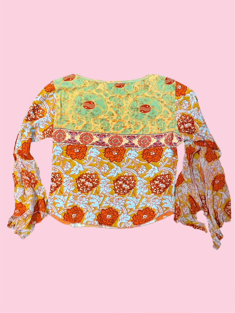 SECOND HAND ORANGE PATTERN TOP WITH MESH ARMS