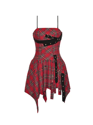 DARK IN LOVE RED DISTRESSED PLAID DRESS DW1046