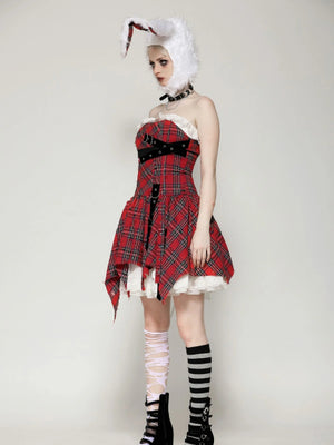DARK IN LOVE RED DISTRESSED PLAID DRESS DW1046