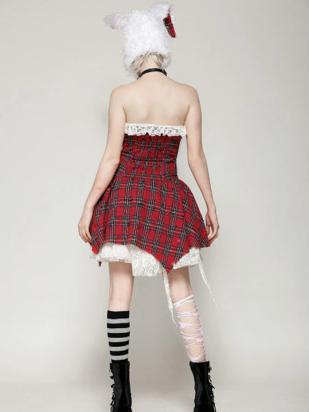DARK IN LOVE RED DISTRESSED PLAID DRESS DW1046
