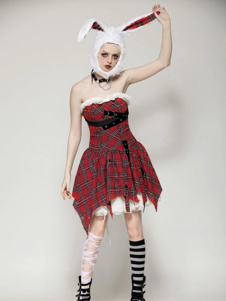 DARK IN LOVE RED DISTRESSED PLAID DRESS DW1046