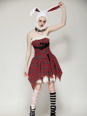 DARK IN LOVE RED DISTRESSED PLAID DRESS DW1046