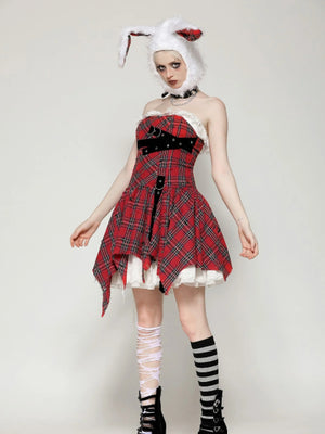 DARK IN LOVE RED DISTRESSED PLAID DRESS DW1046