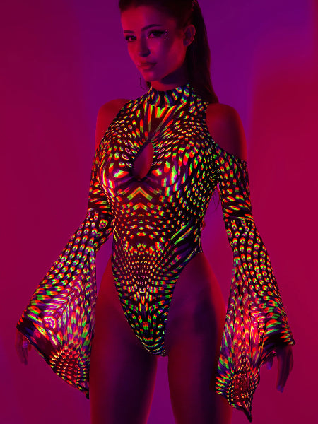 BADINKA NEON PULSAR MESH FLARED SLEEVE BODYSUIT