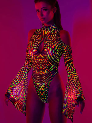 BADINKA NEON PULSAR MESH FLARED SLEEVE BODYSUIT