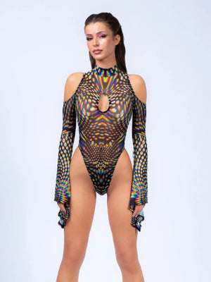BADINKA NEON PULSAR MESH FLARED SLEEVE BODYSUIT