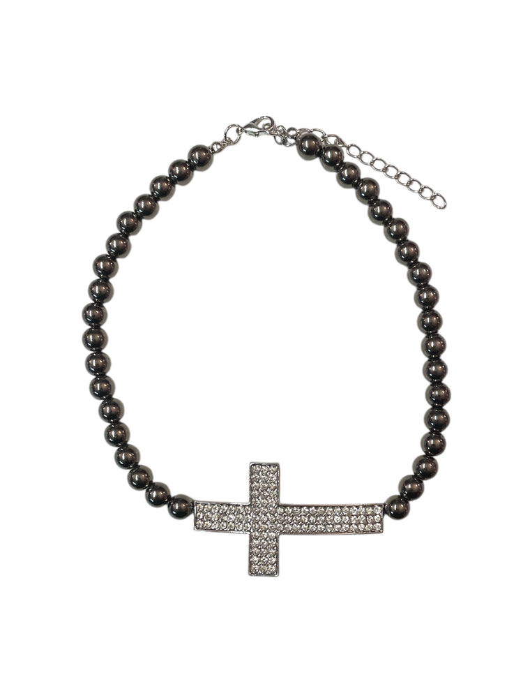 RHINESTONE CROSS PEARL CHOKER