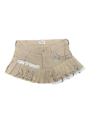 INDYANNA BEIGE JEANS SKIRT WITH WHITE LACE, EYELETS, RINGS AND PENDANTS