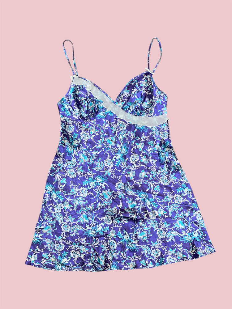 SECOND HAND PURPLE BLUE FLOWER RUFFLE SLIP DRESS